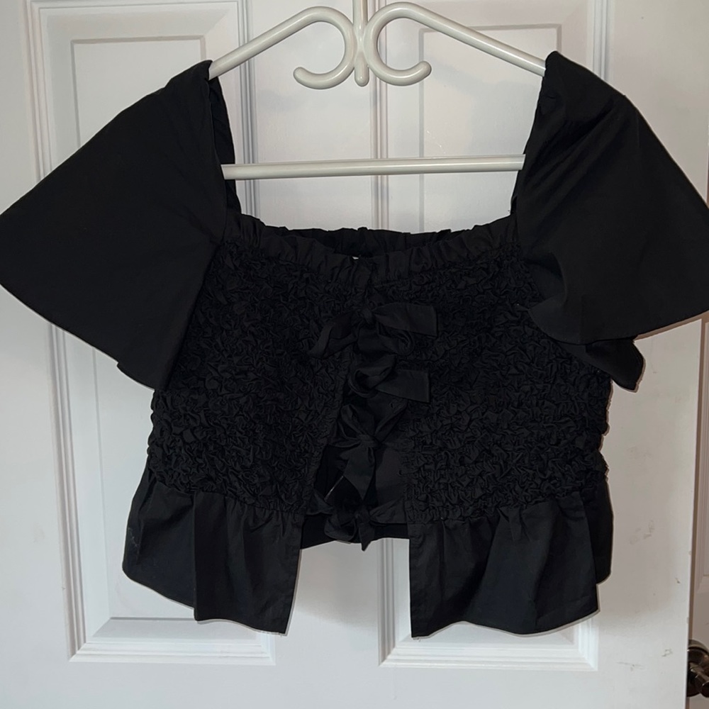 Anthropologie Black Mare Mare Smocked Bow-Tie Flutter Sleeve Top Blouse - Picture 2 of 6